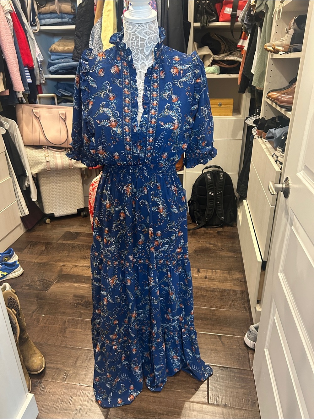 Blue Floral Maxi Dress with Ruffle Details